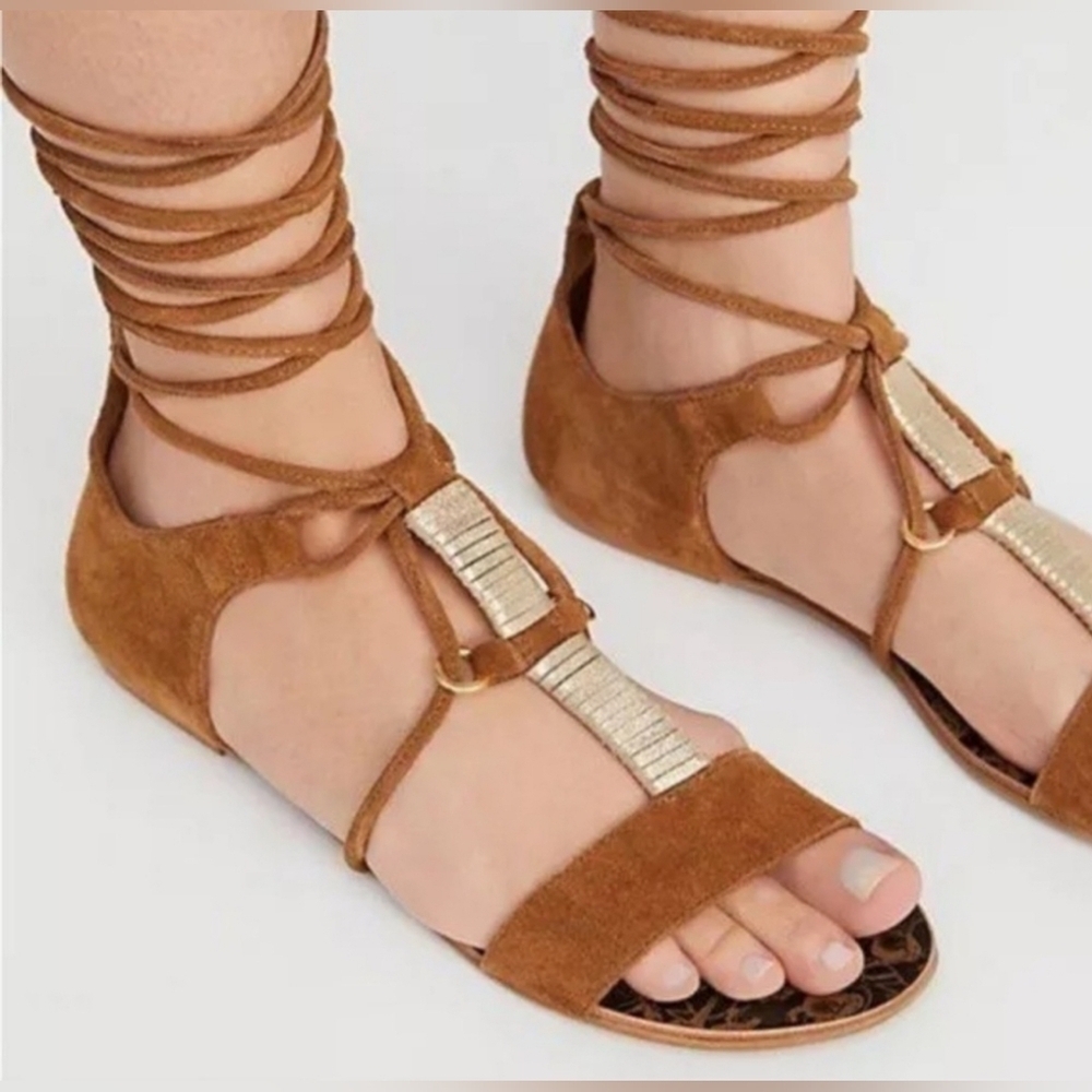 NEW Free People Fiji Tie Sandals Lace Up Wraparound Brown Suede Gold Accents 9